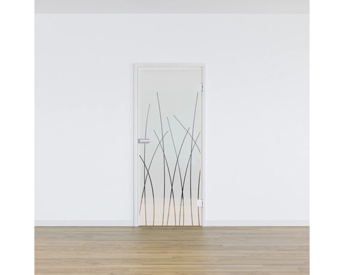 Zimmertür aus Glas mit Dekor auf weißer Wand