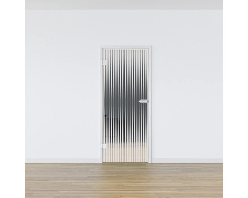 Glastür mit satinierten Streifen und Griff in einer Wand