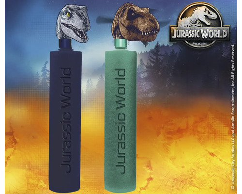 Zwei Jurassic World Trinkflaschen mit Dinosaurierkopf