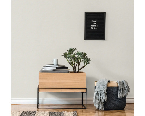 Wohnzimmer mit Pflanze, Dekoobjekten und Textbotschaft an der Wand