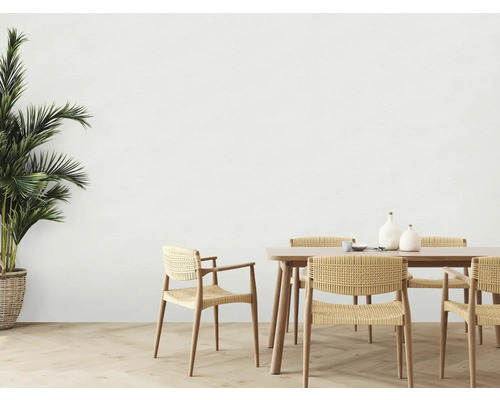 Esszimmer mit Holztisch, Stühlen und Zimmerpflanze