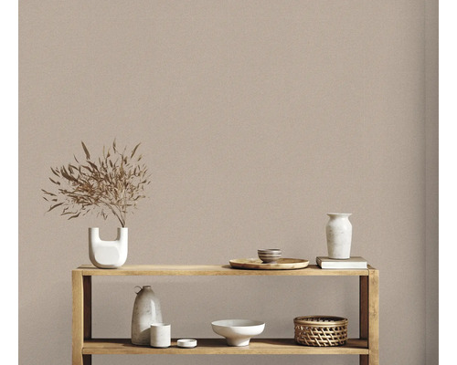 Dekorative Gegenstände auf einem Holzregal vor einer Wand