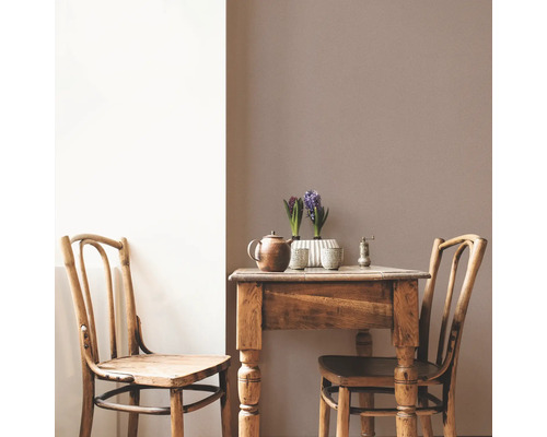 Helles Zimmer mit Holztisch, Teekanne, Blumentöpfen und zwei Stühlen