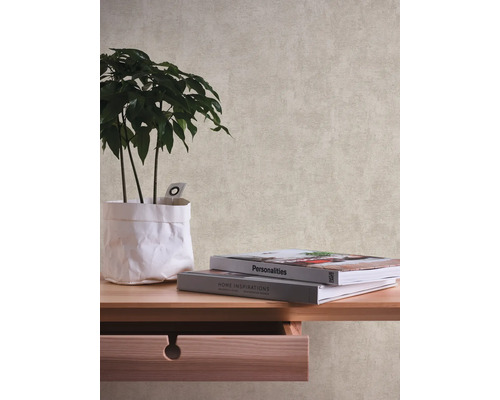 Tapete an der Wand mit Pflanze, Büchern und Kommode