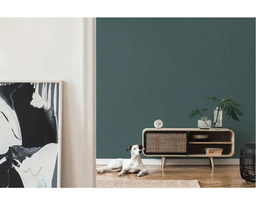 Wohnzimmer mit Kommode, Dekoration und einem Hund auf einem Teppich vor einer grünen Wand