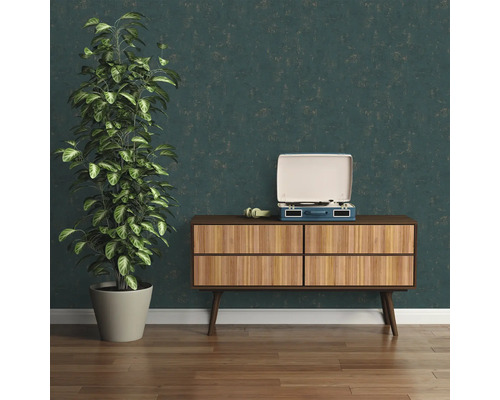 Wohnzimmer mit Pflanze, Kommode und Schallplattenspieler