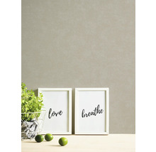 Wandgestaltung mit zwei gerahmten Bildern mit den Aufschriften Liebe und Atmen, einem Korb mit einer Pflanze und drei Limetten
