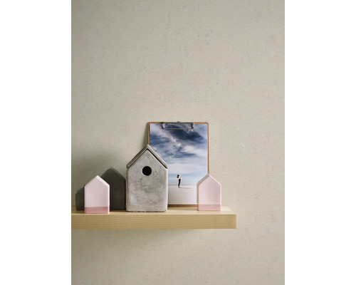 Dekorative Häuser und ein Bild auf einem Regal