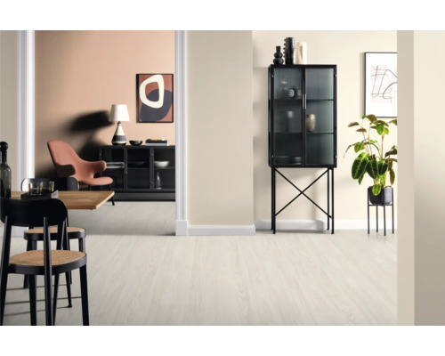 Heller Wohnraum mit Esstisch, Stühlen und Vitrinenschrank