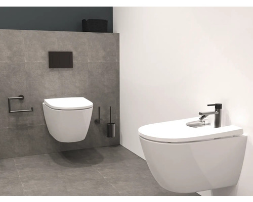 Badezimmer mit hängendem WC und Bidet sowie Toilettenbürste und Papierhalter