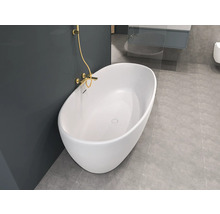 Freistehende Badewanne mit goldener Armatur in modernem Badezimmer.