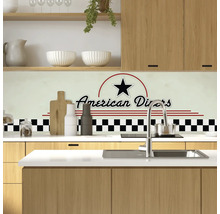 Küchenszene mit Spritzschutz im American Diner Design, Spüle und Armatur.