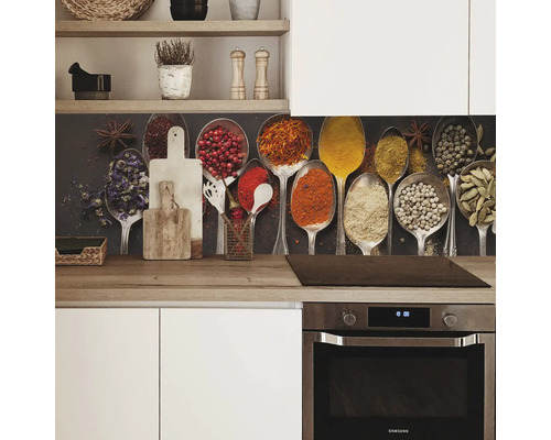 Küchenrückwand mit Gewürzmotiv hinter einer Küchenzeile