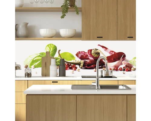 Küchenrückwand mit Chili-Motiv in moderner Küche