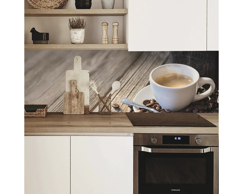 Küchenrückwand mit Kaffeetasse und Kaffeebohnen Motiv