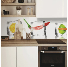 Küchenrückwand mit Motiv von Früchten und Gemüse in Eiswürfeln