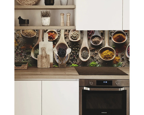 Küchenrückwand mit Gewürz-Motiv in Holzlöffeln hinter dem Kochfeld