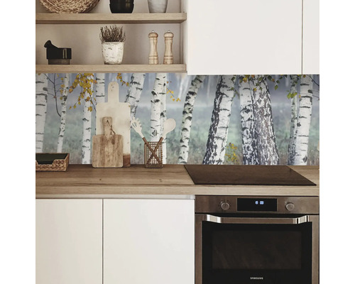 Küchenrückwand mit Birkenwald-Motiv in einer hellen Küche