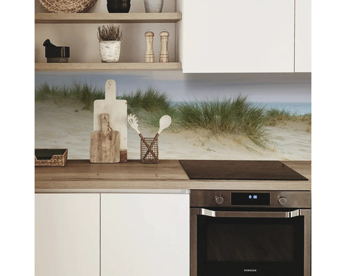 Küchenrückwand mit Dünenmotiv hinter Herd und Spüle