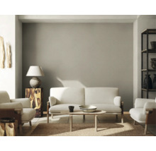 Wohnzimmer mit Sofa, Sesseln, Tisch, Lampe und Regal.