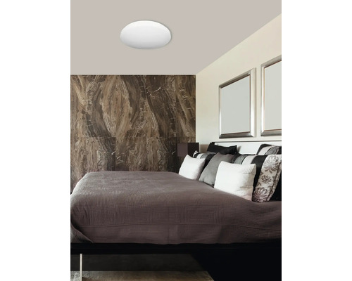 Deckenleuchte in einem Schlafzimmer mit Bett und Bildern.