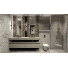 Modernes Badezimmer mit Waschtisch, Spiegeln, Toilette und Dusche unter Verwendung von grauen Steinzeugfliesen.