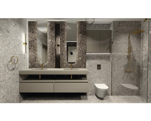 Modernes Badezimmer mit Waschtisch, Spiegeln, Toilette und Dusche unter Verwendung von grauen Steinzeugfliesen.