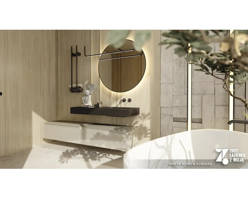 Helles Badezimmer mit Waschtisch, Spiegel mit Beleuchtung und Badewanne