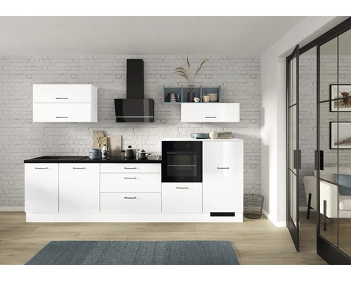 IMPULS Küchenzeile mit Geräten PUCCI 320 cm Frontfarbe weiß hochglanz Korpusfarbe weiß montiert Variante rechts