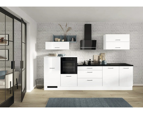 IMPULS Küchenzeile mit Geräten PUCCI 320 cm Frontfarbe weiß hochglanz Korpusfarbe weiß montiert Variante links
