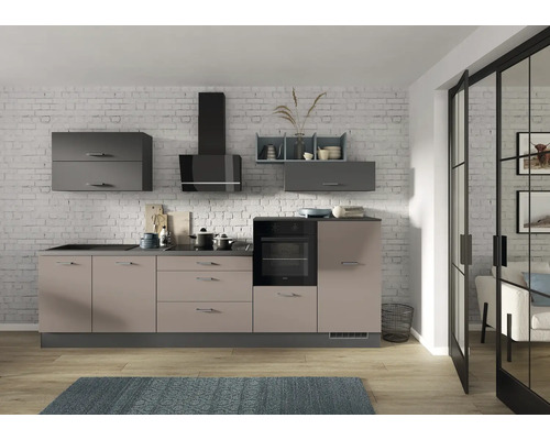 IMPULS Küchenzeile mit Geräten PESCE 320 cm Frontfarbe cappuccino grafit matt Korpusfarbe graphit montiert Variante rechts