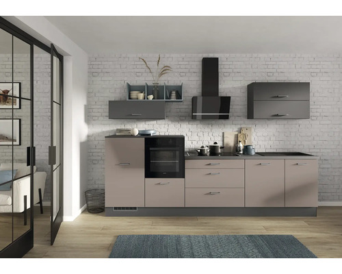 IMPULS Küchenzeile mit Geräten PESCE 320 cm Frontfarbe cappuccino grafit matt Korpusfarbe graphit montiert Variante links