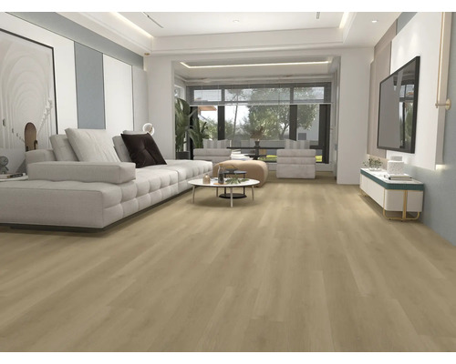 Heller Wohnraum mit Laminatboden, Sofa, Couchtisch und Fernseher.