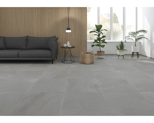 Wohnzimmer mit grauen Bodenfliesen, Sofa und Pflanzen.