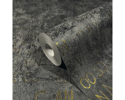Rolle grauer Tapete mit Buchstabenmuster