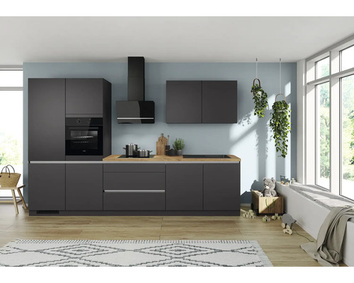 IMPULS Küchenzeile mit Geräten ZANOTTI 340 cm Frontfarbe grafit matt Korpusfarbe graphit Variante links