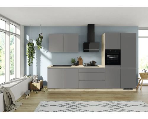 IMPULS Küchenzeile mit Geräten ZANOTTI 340 cm Frontfarbe schiefergrau matt Korpusfarbe seeahorn Variante rechts