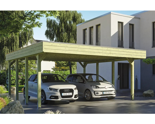 Doppelcarport aus Holz mit zwei Autos davor