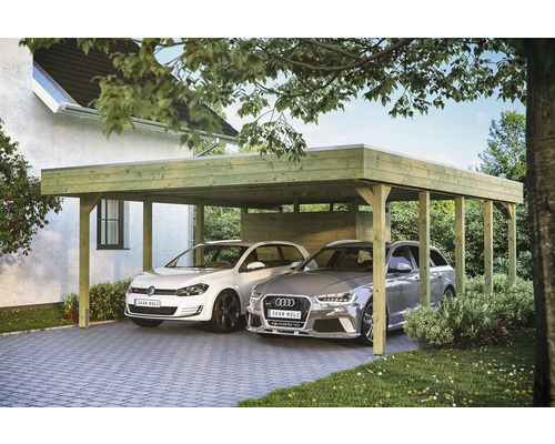 Doppelcarport aus Holz mit zwei geparkten Autos