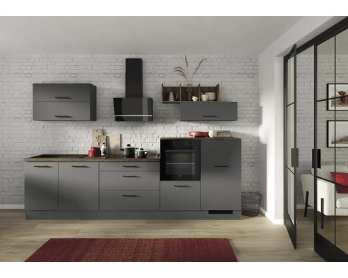 PICCANTE Küchenzeile ZANOTTI 320 cm Frontfarbe grafit matt Korpusfarbe graphit montiert Variante rechts