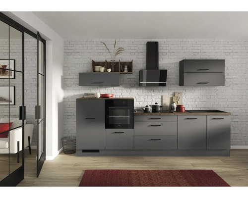 IMPULS Küchenzeile mit Geräten ZANOTTI 320 cm Frontfarbe grafit matt Korpusfarbe graphit montiert Variante links
