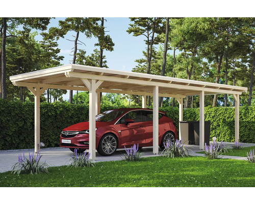 Einzelcarport SKAN HOLZ Emsland 354x846 cm mit Aluminium-Dach natur Ein Carport aus Holz mit einem Auto darunter im Garten.