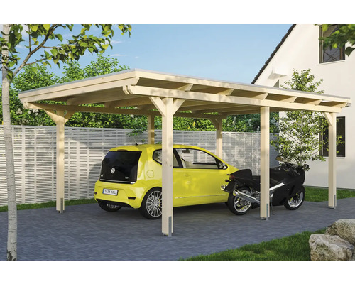 Einzelcarport SKAN HOLZ Emsland 404x604 cm mit EPDM-Folie natur Carport aus Holz mit Auto und Motorrad