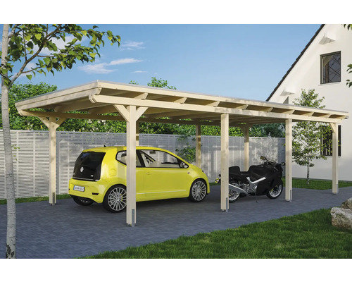Einzelcarport SKAN HOLZ Emsland 404x846 cm mit Aluminium-Dach natur Doppelcarport aus Holz mit Auto und Motorrad