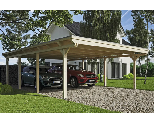 Doppelcarport SKAN HOLZ Emsland 613x846 cm mit EPDM-Folie natur Carport aus Holz mit zwei geparkten Autos