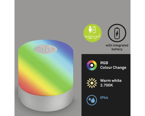 Dekorative LED Leuchte mit RGB Farbwechsel, warmweissem Licht und integriertem Akku