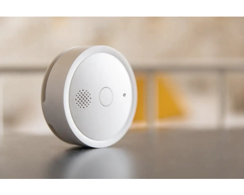 Runder Rauchmelder mit Testknopf und Lautsprechergitter.