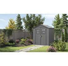 Gartenschuppen aus Metall mit Doppeltür und Fenster im Garten