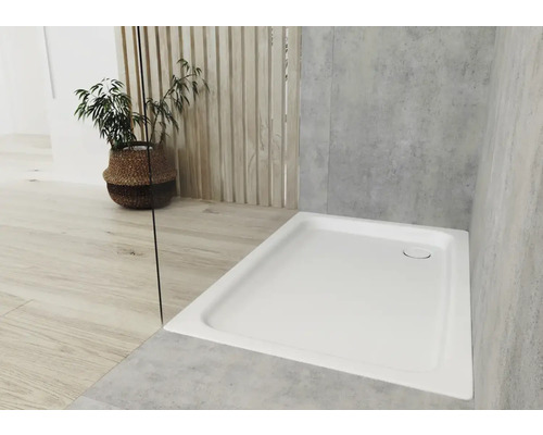 Duschwanne im Badezimmer mit Pflanze im Korb