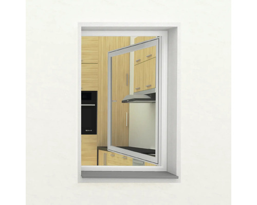 Gekipptes Fenster mit Blick auf eine Küche